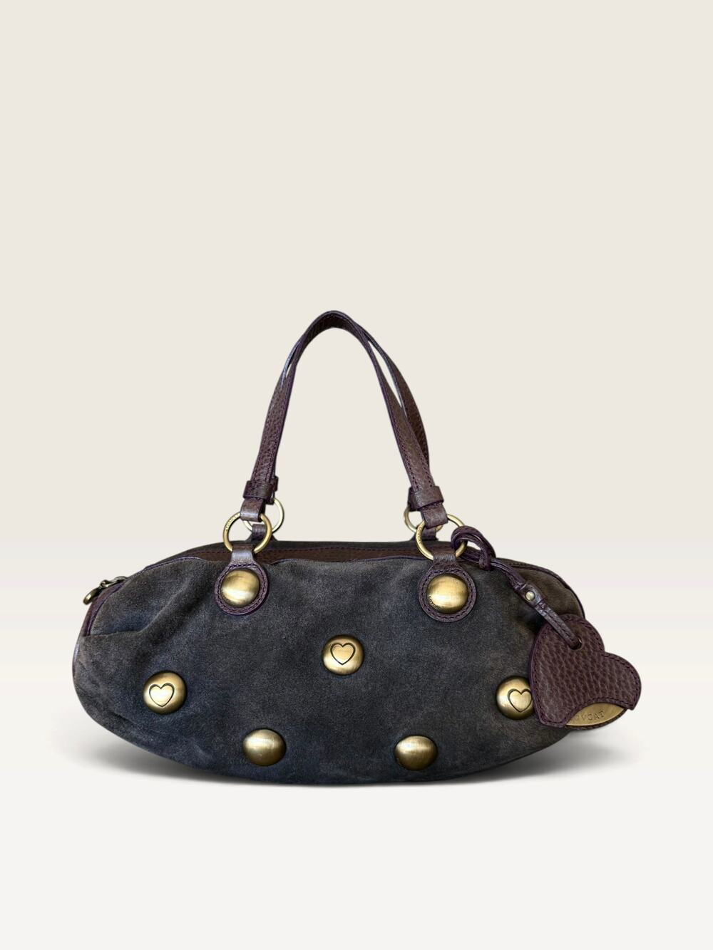 Fig Brown Suede Leather Studded Lovcat Paris Top Handle bag